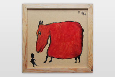 O.T. (rotes Tier mit kleiner Menschenfigur) Lackfarbe auf Spanplatte