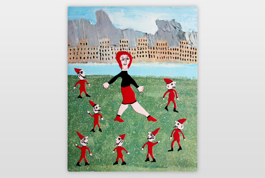 O.T. (Frau und Zwerge) Acryl und Collage auf Kalenderblatt, Karton