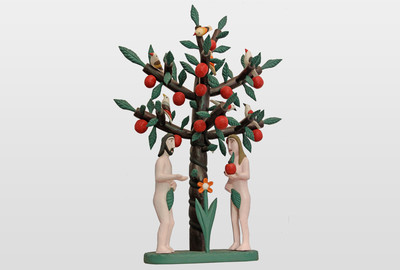 Adam und Eva am Baum der Erkenntnis Holzplastik, farbig gefasst, Polen