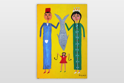 O.T. (Mann, Frau und Kind - evtl. Hochzeitsbild) Lackfarbe auf Spanplatte