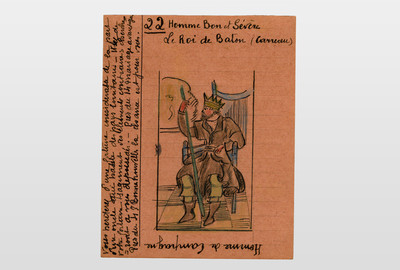 Tarrotzeichnung La Roi de Baton Farbstift auf Karton, ca. 1940er Jahre Frankreich