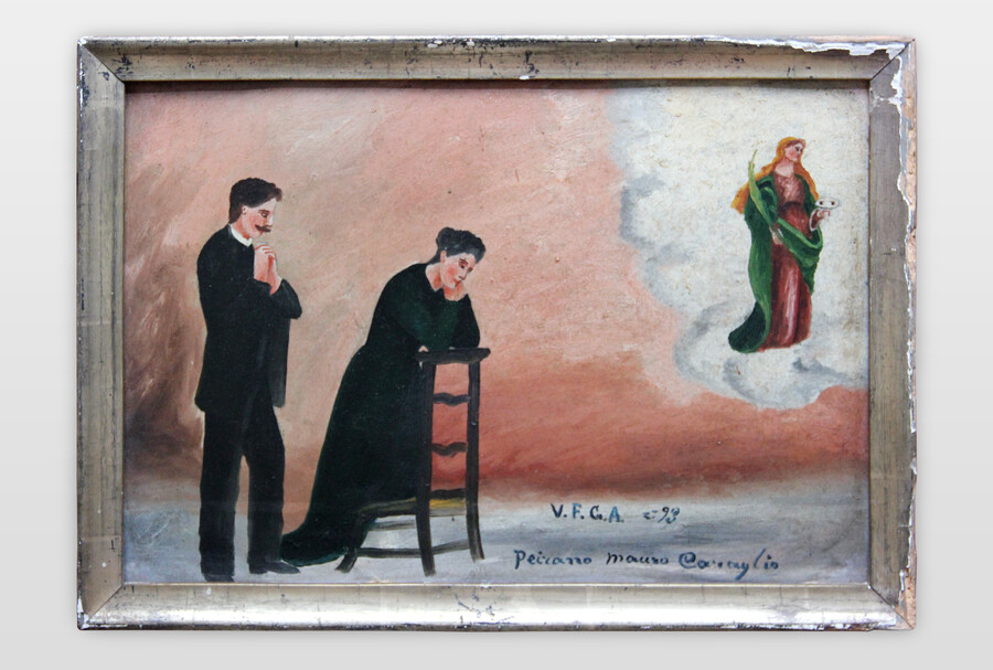 O.T. (Ex Voto) Votivtafel, Italien Öl auf Blech, Bezeichnet mit V.F.G.A. 1893