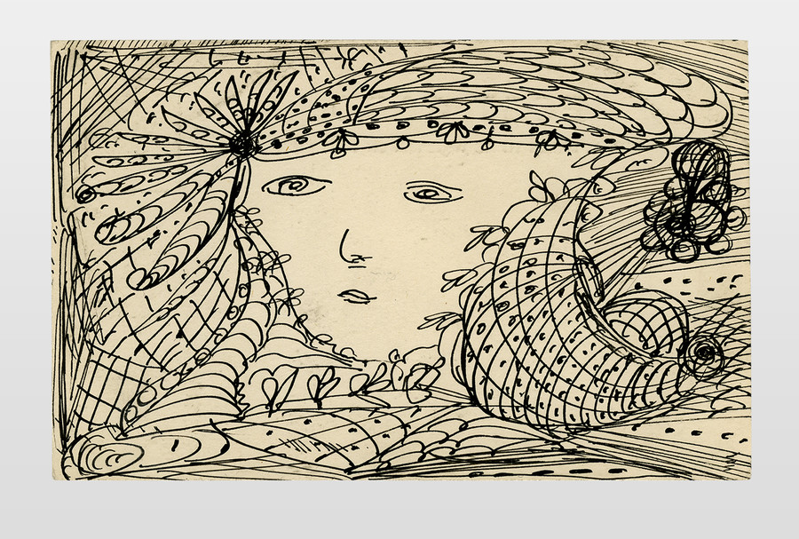 O.T. (Frauenkopf) Zeichentusche auf Postkartenkarton, 9x14 cm, 40er Jahre