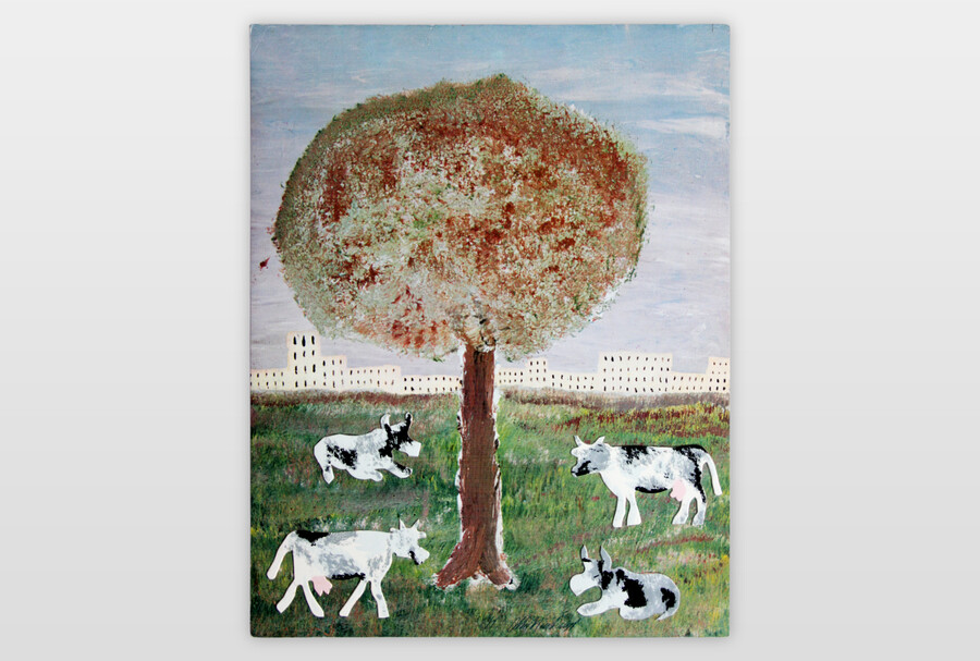 O.T (Kühe unter Baum) Acryl und Collage auf Kalenderblatt, Karton
