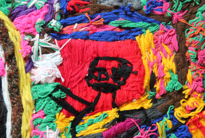 Frauenwrestling III - Catchergürtel (Detail) Wollstickerei auf Wellpappe