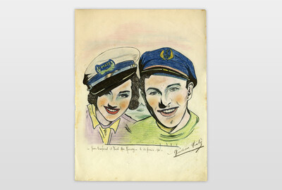Joan Crawford und Fred Mc Murray Tusche und Buntstift auf Papier, Frankreich 40er Jahre