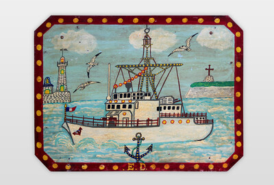 O.T. (Kriegsschiff mit Hafeneinfahrt), Frankreich Kürzel E.D., Lack und Ölfarbe auf Spanplatte 