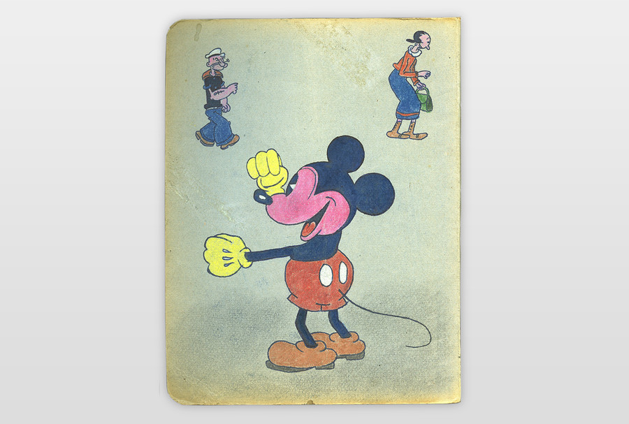 Umschlaginnenseite: Mickey Mouse und Popeye Farbstift auf Papier