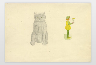 O.T. (Mädchen und große Katze) Bleistift und Aquarell auf Papier
