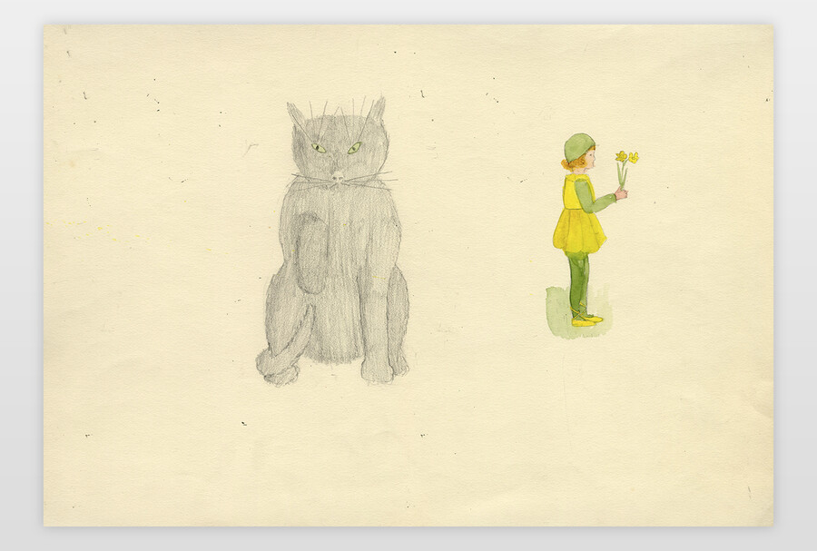 O.T. (Mädchen und große Katze) Bleistift und Aquarell auf Papier