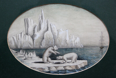 O.T. (Eisbären in arktischer Landschaft) Bleistift und Wasserfarbe auf Papier, Frankreich, Mitte 19. Jahrhundert
