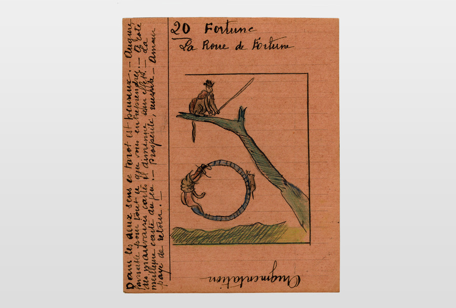 Tarrotzeichnung Fortune Farbstift auf Karton, ca. 1940er Jahre Frankreich