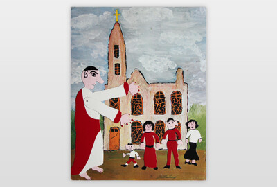 O.T (Priester vor der Kirche) Acryl und Collage auf Kalenderblatt, Karton