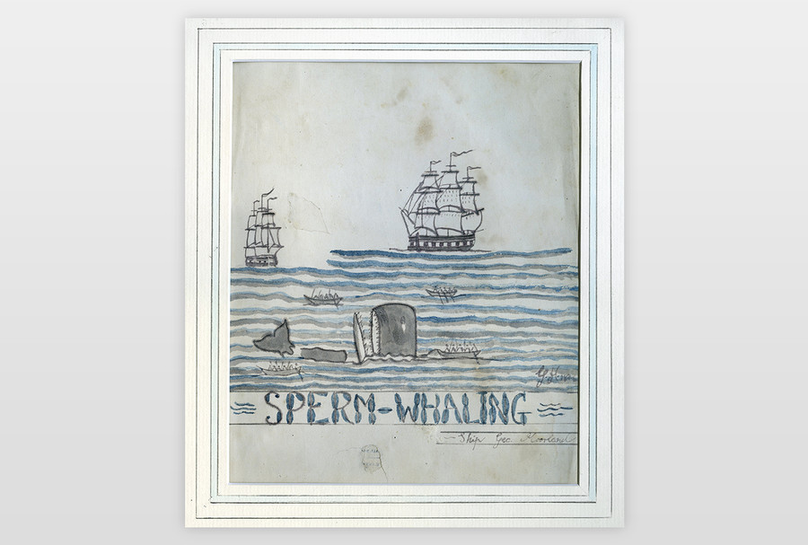 Sperm-Whaling Bleistift und Wasserfarbe auf Vorsatzpapier eines Buches, England, 19. Jahrhundert. Bezeichnet mit »Ship Geo. Moorland«