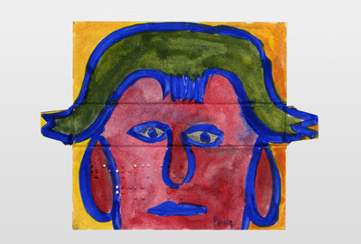 O.T (Gesicht) Filzstift, Farbe auf Kartonage (Verpackungsrückseite)