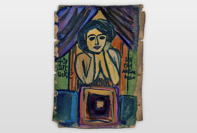 O.T. (Frau auf Stuhl) Wasserfarbe auf Pappe