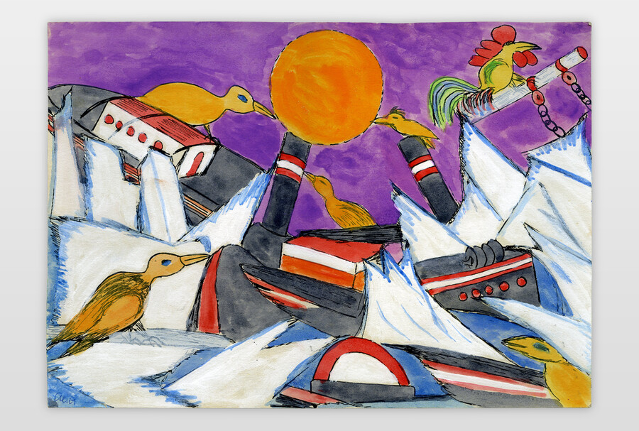 O.T. (Schiffe, Vögel und Eisberge), 2001 Tempera und Aquarell auf Karton