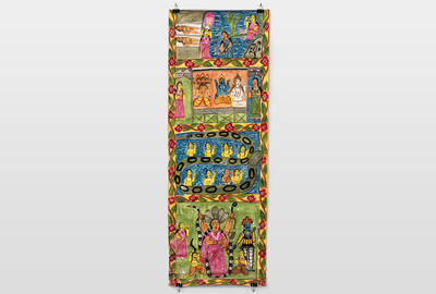 Patua Rollenbild, Bengalen, Indien Wasserfarbe auf Papier, auf Stoffbahn aufgezogen