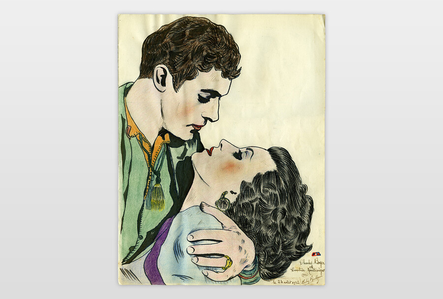 Charles Boyer und Conchita Montenegro Tusche und Buntstift auf Papier, Frankreich 40er Jahre